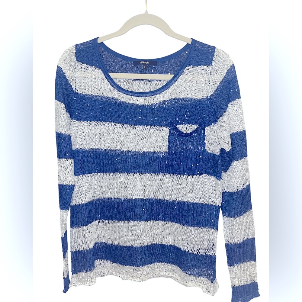 Blue And White Striped Mesh long sleeve shirt with Sequin all over 💙🤍💙🤍